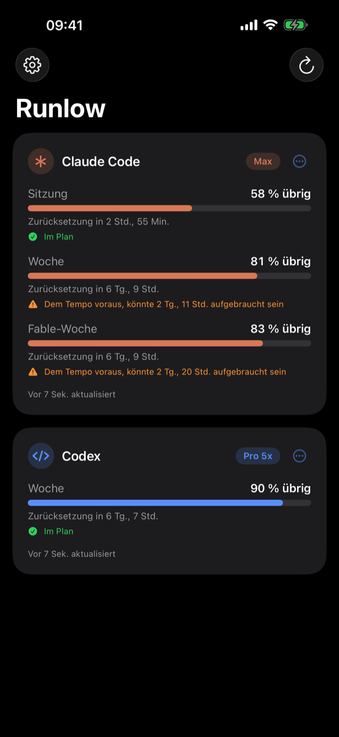 Echter Runlow-Screenshot: Claude-Code-Karte mit Session-, Wochen- und Fable-Anzeigen; Codex-Karte bei 90 Prozent Rest.