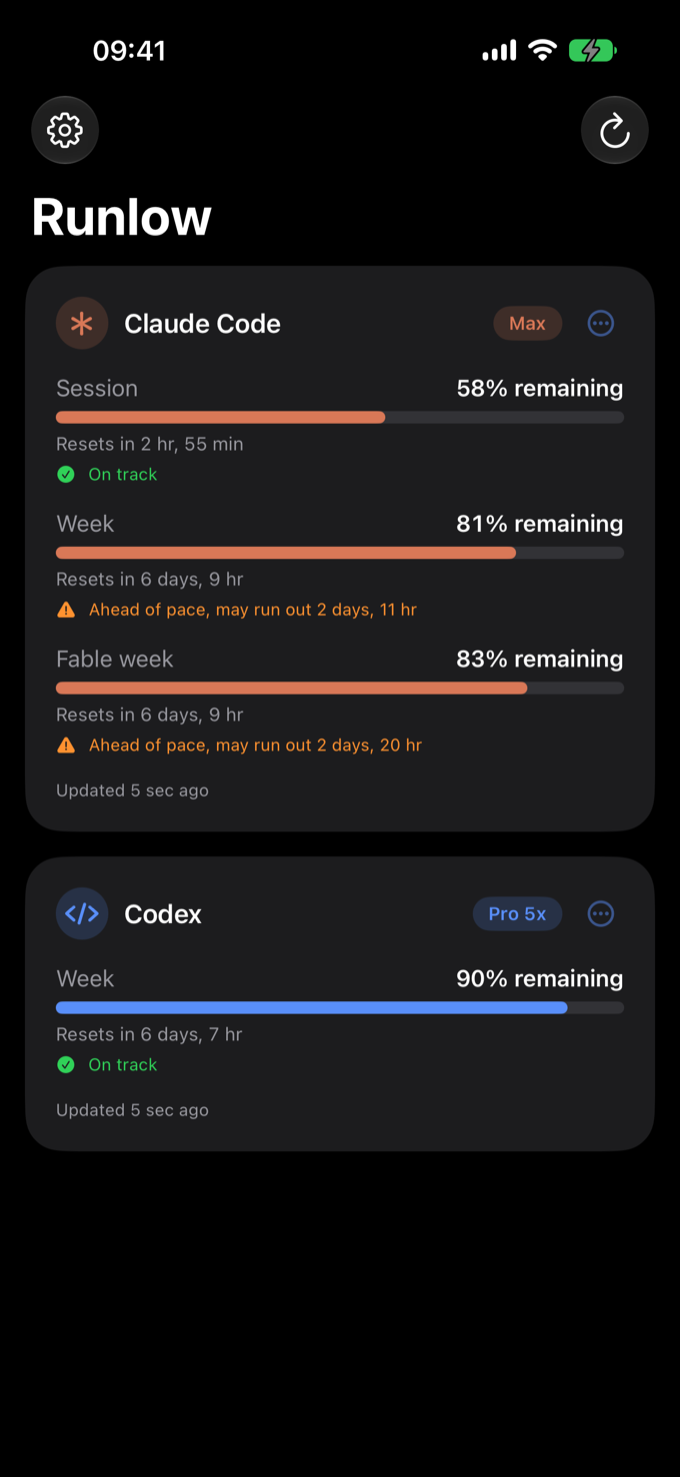 Real Runlow screenshot: Claude Code card with Session, Week and Fable week gauges; Codex card at 90 percent left.