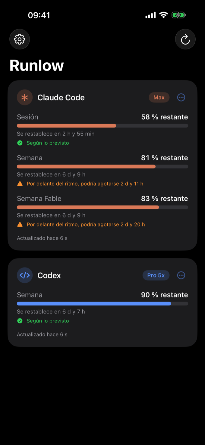 Captura real de Runlow: tarjeta de Claude Code con indicadores de sesi&oacute;n, semana y semana Fable; tarjeta de Codex al 90 por ciento restante.