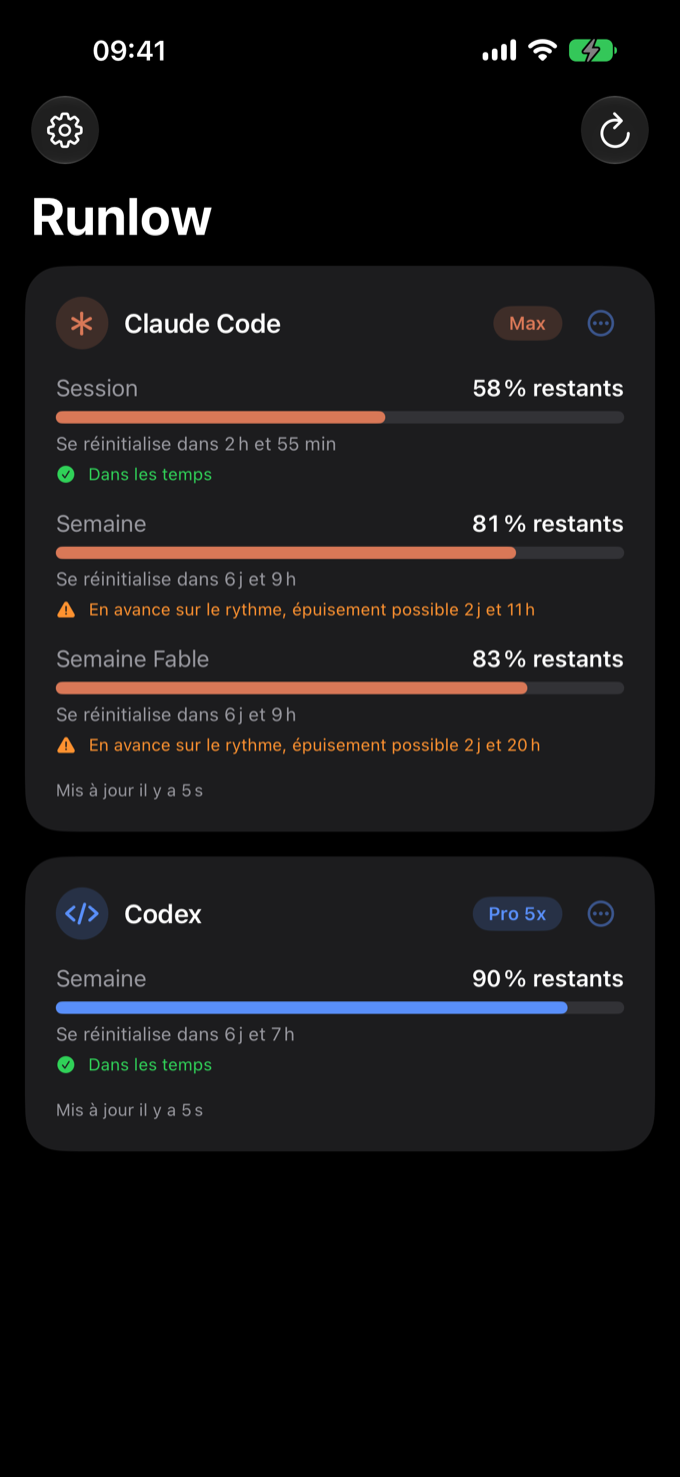 Capture r&eacute;elle de Runlow&nbsp;: carte Claude Code avec jauges Session, Semaine et Semaine Fable&nbsp;; carte Codex &agrave; 90&nbsp;% restants.